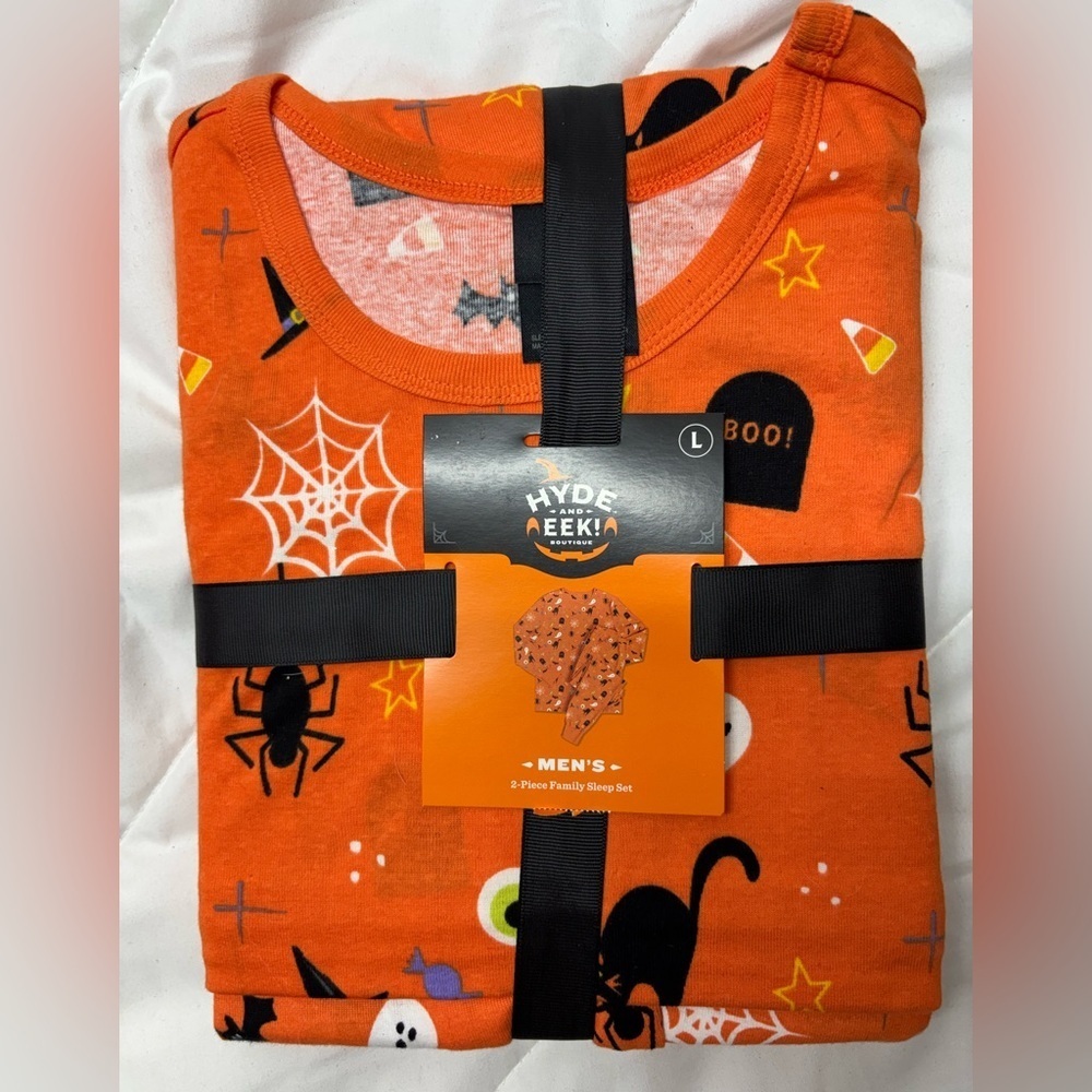 Hyde & Eek Mens Pajama's Large Orange Black Halloween Cats Bats 2 Pc. PJ Set New